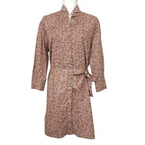 Burberry Madeline Floral Cotton Poplin Shirt Dress 8 Light Copper Belted LS